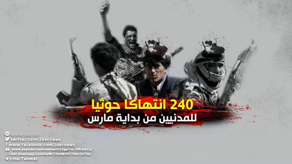 شبكة حقوقية ترصد 240 انتهاكا حوثيا للمدنيين من بداية مارس