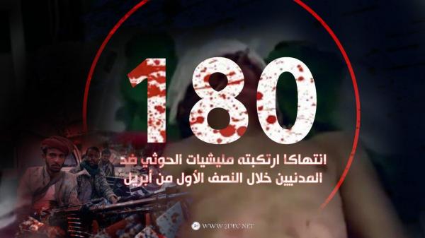 تقرير حقوقي: مليشيا الحوثي ارتكبت 180 انتهاكا ضد المدنيين خلال النصف الأول من أبريل 