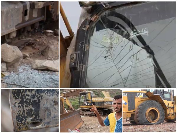 فيديو| خروج معدات ثقيلة في مشروع طريق (الكدحة_ تعز) عن الخدمة بقصف حوثي مباشر