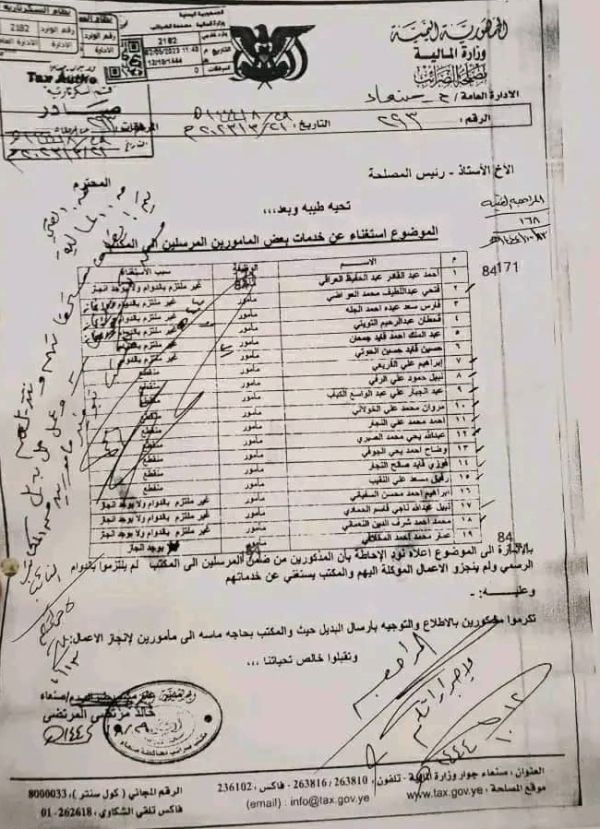 مليشيا الحوثي تسرّح 19 موظفًا في ضرائب صنعاء لاستبدالهم بعناصر سلالية