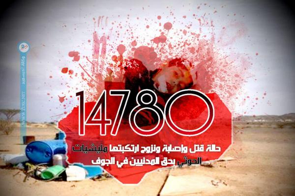 14780 حالة قتل وإصابة ونزوح ارتكبتها مليشيات الحوثي بحق المدنيين في الجوف